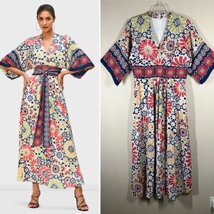 WAYWARD FANCIES eShakti Kimono Floral Print Maxi Dress Kaftan Wedding Boho 14 L
